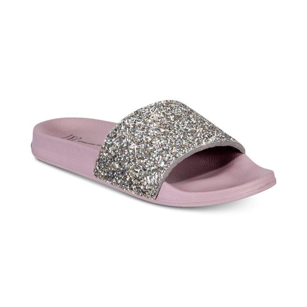NWT INC open toe silver glitter slippers US7/8